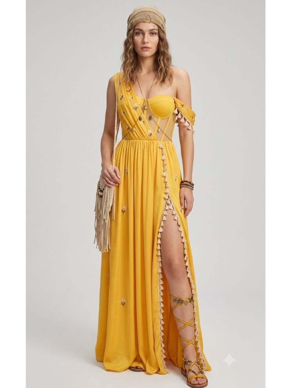 Miss Circle XXS Silk Pleated Corset Slit Maxi Dress Yellow Back In Style - Picture 6 of 15